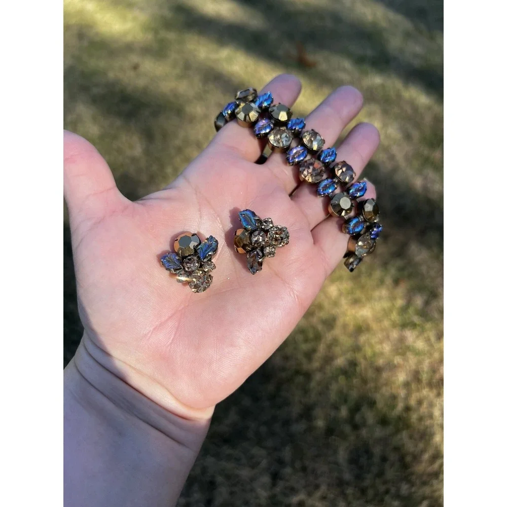Vtg RARE 50's Signed REGENCY Gold Topaz‎ Rhinestone Leaves Bracelet & Earrings